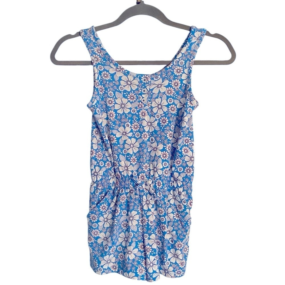 Cat & Jack Girls Blue and White Floral Sleeveless Cotton Romper Size Small 6/7